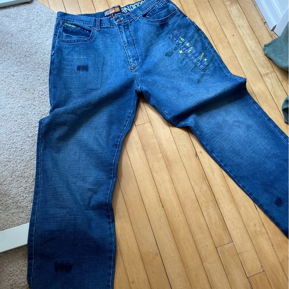 Vintage Akademiks Men's Blue Jeans Patchwork Embroidered Jeans size 36 Y2K - Picture 8 of 9